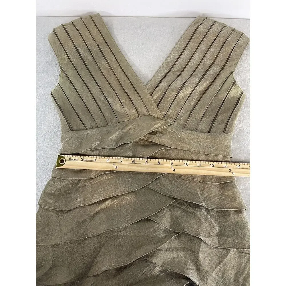 Adrianna Papell Dress Size 4 Gold Beige Shimmer Panels Tiered Ruffles Party Glam